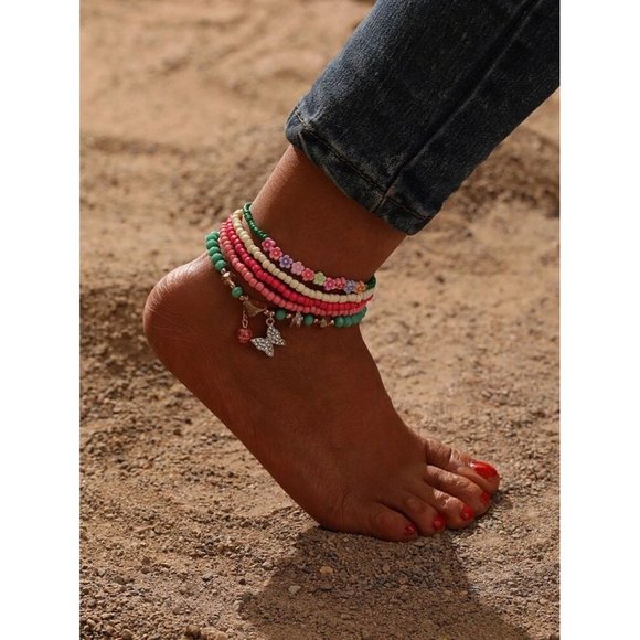 Flower Butterfly Charm Anklet - Picture 1 of 6